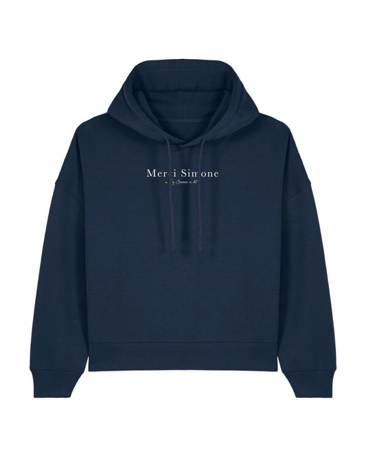 Sweat BOXY femme en coton bio à capuche "Merci Simone"
