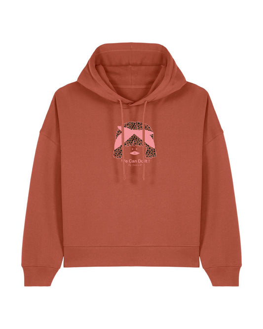 Sweat BOXY femme en coton bio à capuche "we can do it"