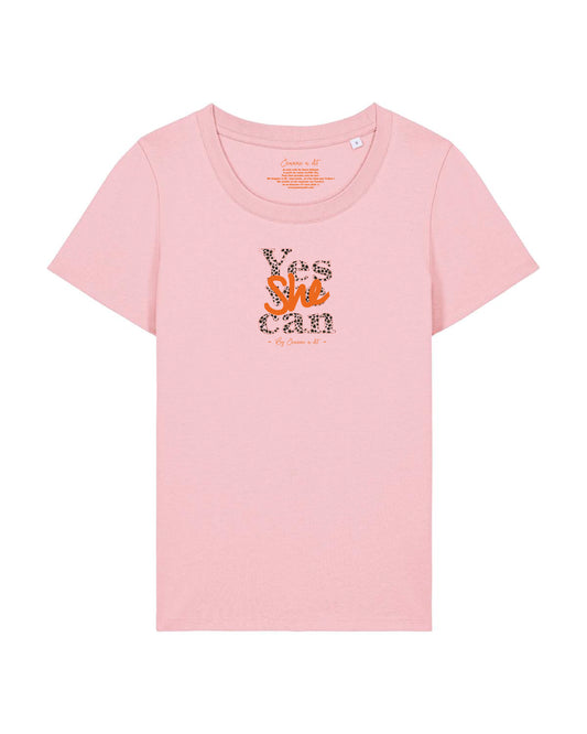 Camiseta mujer algodón orgánico "Yes she can" estampado leopardo