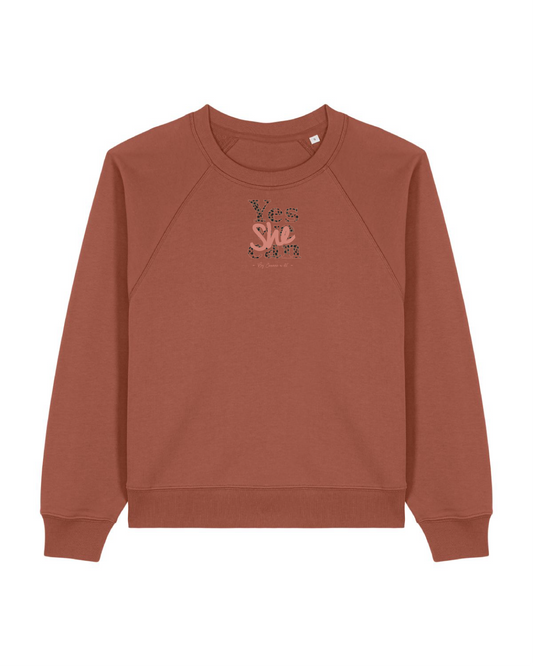 Sudadera de mujer de algodón orgánico "Yes she can" estampado leopardo