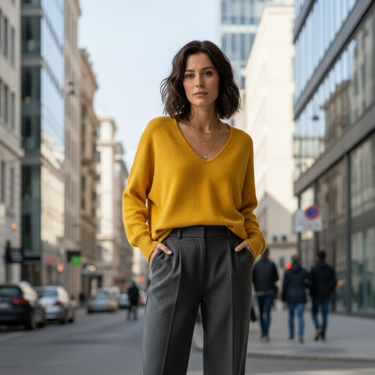 Femme portant le pull jaune moutarde en ville