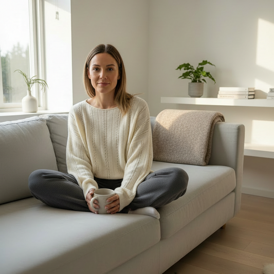 Fille portant le pull écru avec jogging gris