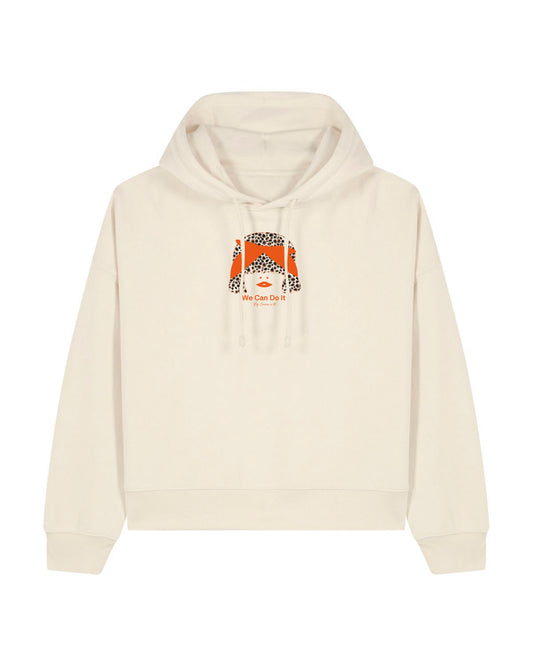 Sweat BOXY femme en coton bio à capuche "we can do it"
