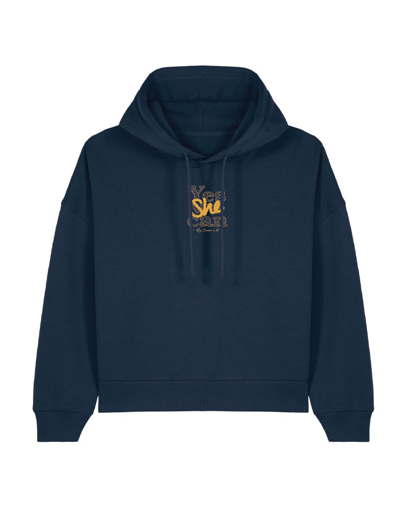 Sweat BOXY femme en coton bio à capuche "Yes she can"