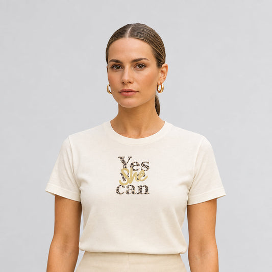 Camiseta mujer algodón orgánico "Yes she can" estampado leopardo