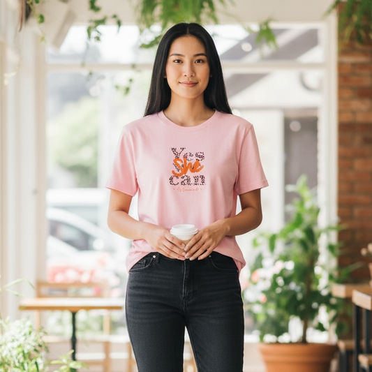 Camiseta mujer algodón orgánico "Yes she can" estampado leopardo