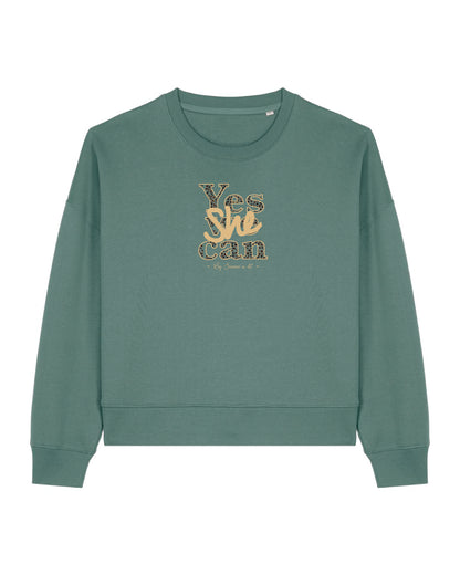 Sudadera cropped de mujer de algodón orgánico "we can do it" leopardo