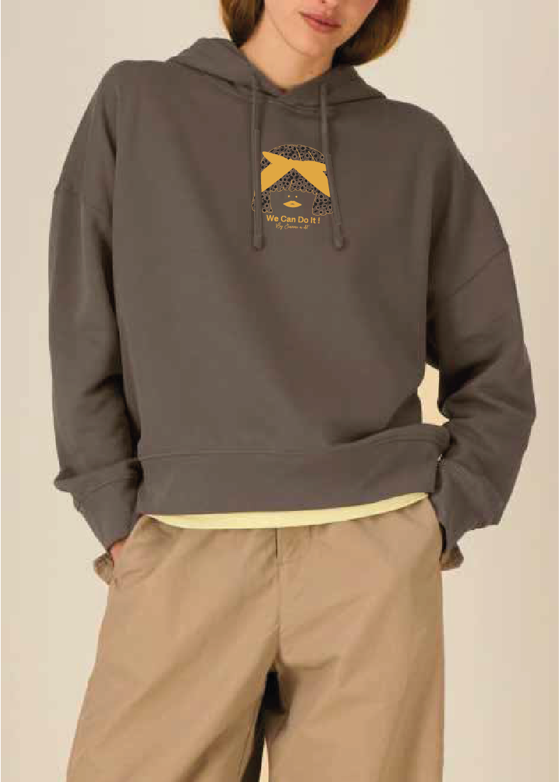 Sweat BOXY femme en coton bio à capuche  "we can do it"