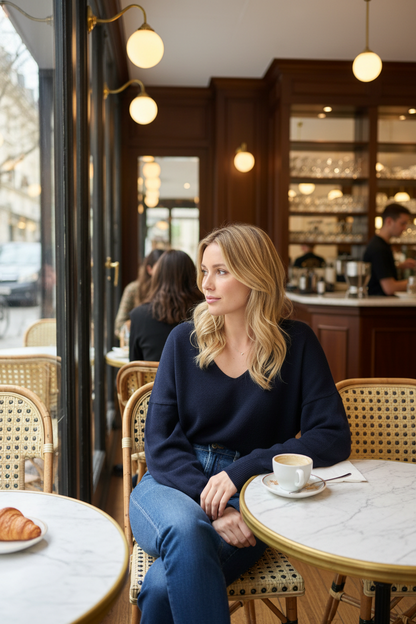 Femme blonde portant le pull bleu marine dans un café parisien