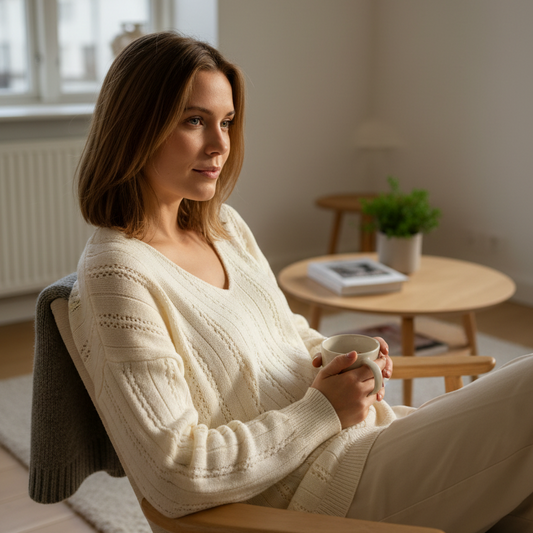 Femme portant le pull écru dans un décor chill