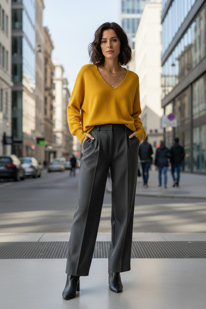 Femme portant le pull jaune moutarde en ville