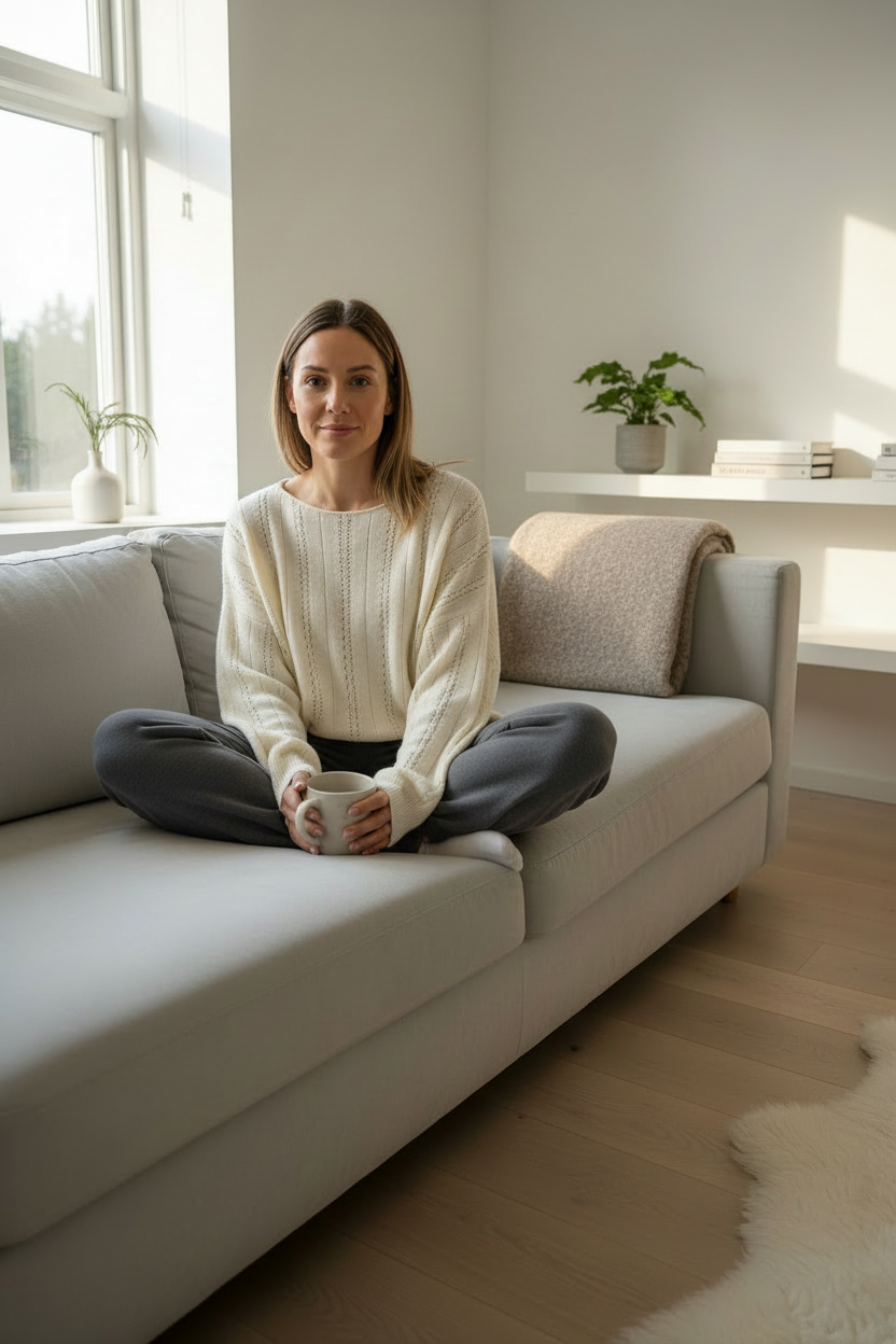 Fille portant le pull écru avec jogging gris
