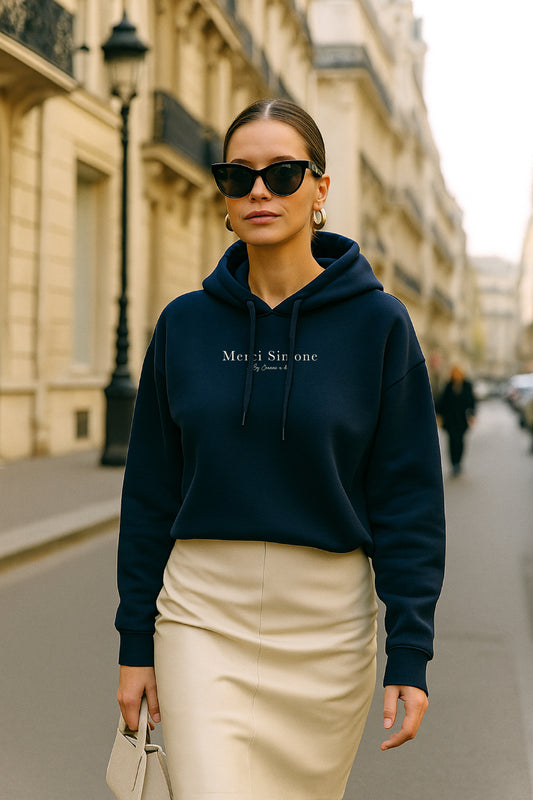 Sweat BOXY femme en coton bio à capuche  "Merci Simone"