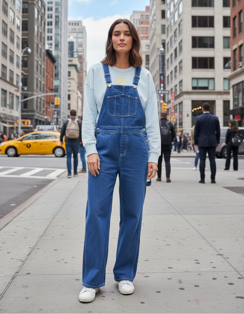 Salopette en jean bleu en centre ville