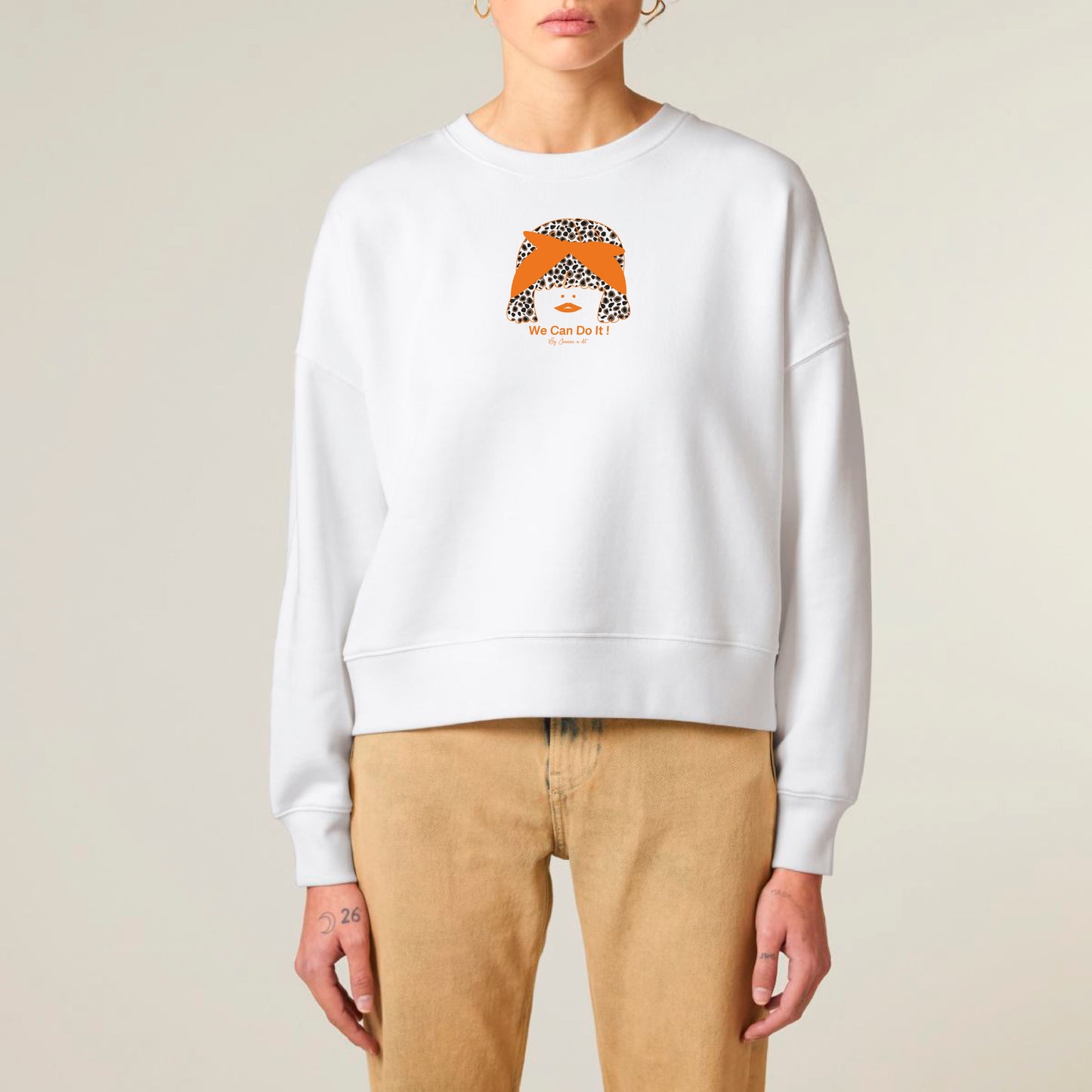 Sudadera cropped de mujer de algodón orgánico "we can do it" leopardo