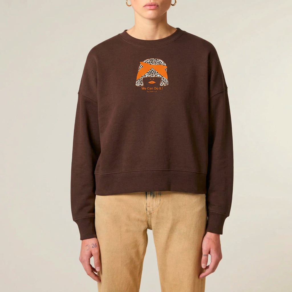 Women's cropped sweatshirt in organic cotton "we can do it" leopard