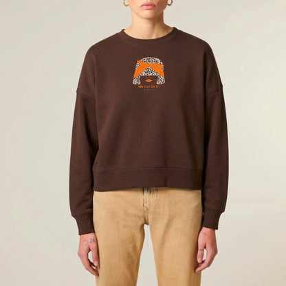 Women's cropped sweatshirt in organic cotton "we can do it" leopard