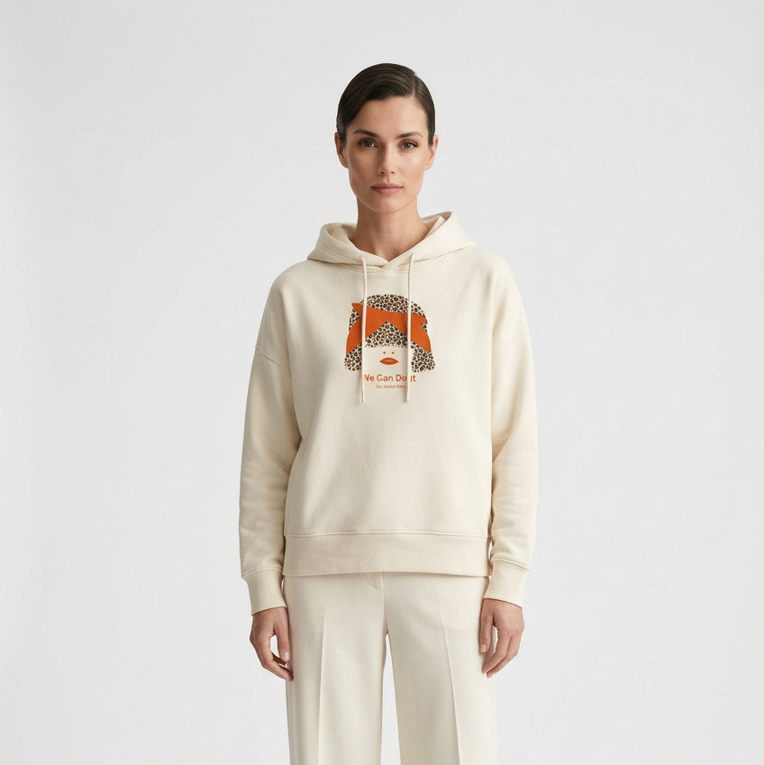 Sweat BOXY femme en coton bio à capuche  "we can do it"