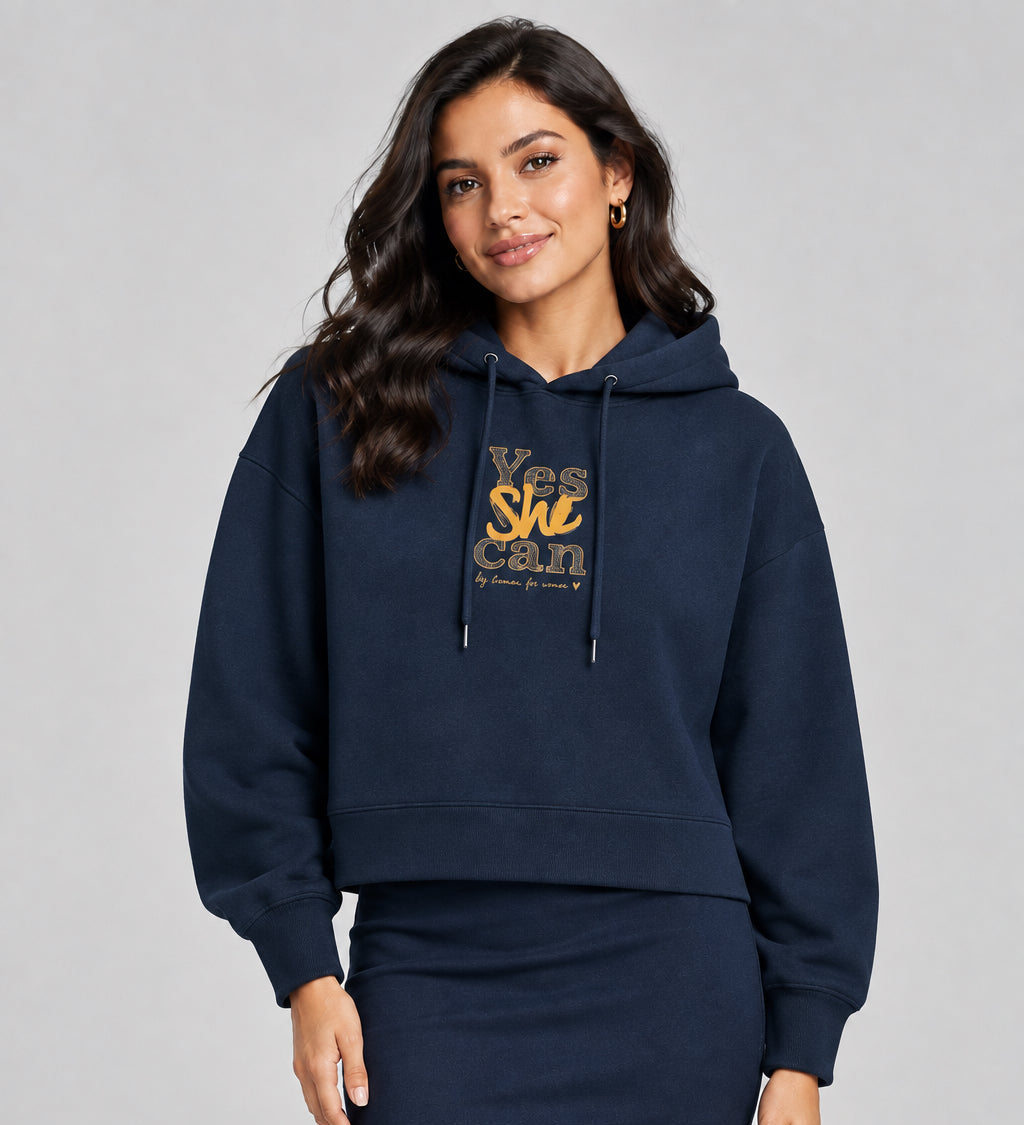 Sweat BOXY femme en coton bio à capuche  "Yes she can"