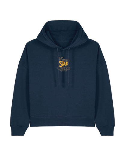 Sweat BOXY femme en coton bio à capuche  "Yes she can"