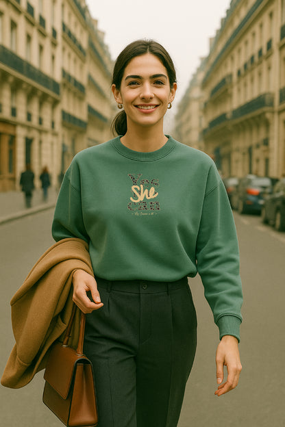 Sudadera cropped de mujer de algodón orgánico "we can do it" leopardo