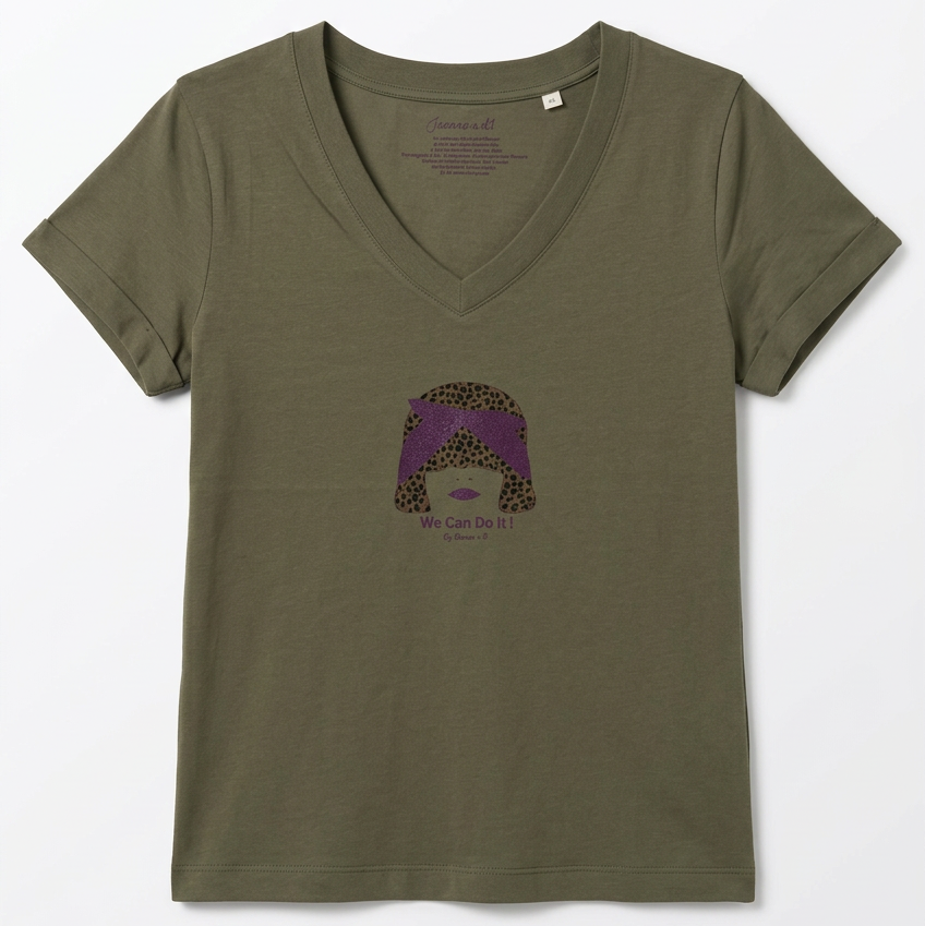 T-shirt kaki à plat sur fond blanc studio, avec visuel violet pourpre