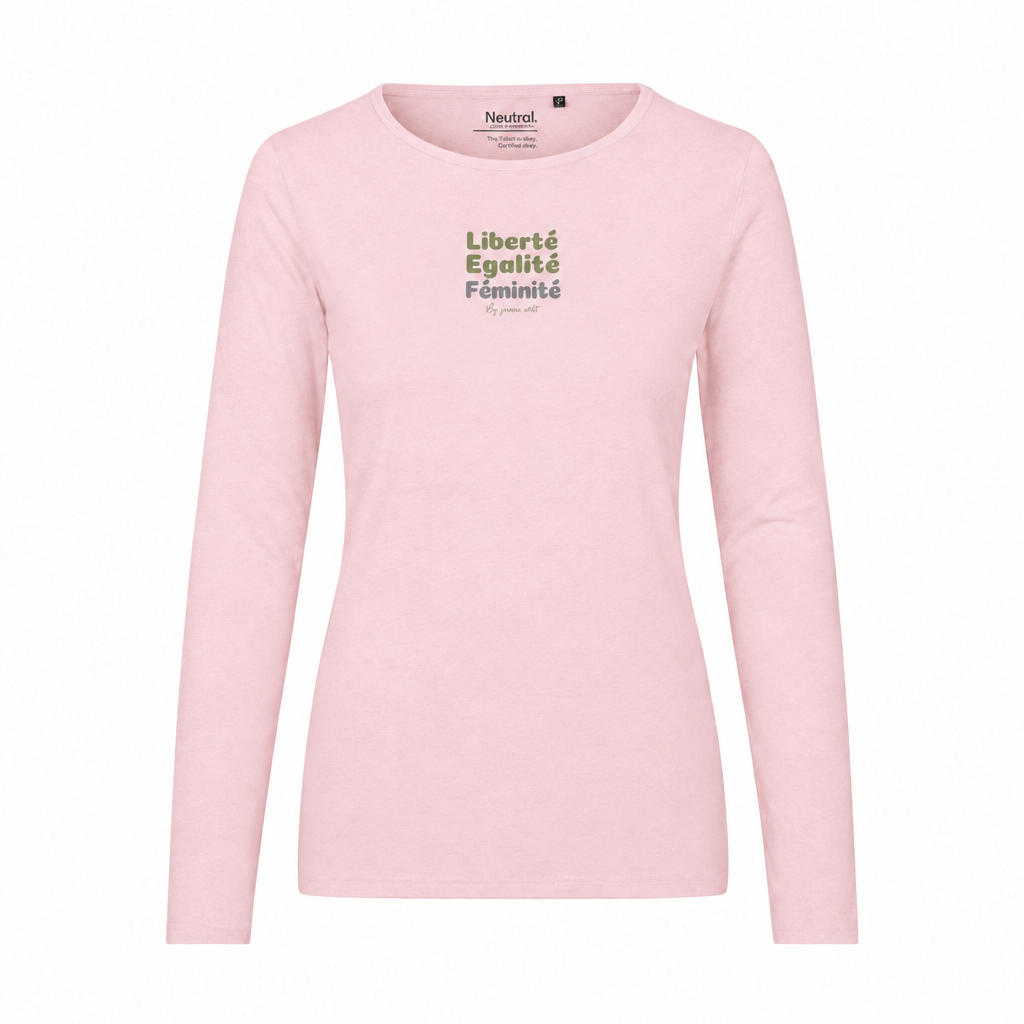 T-shirt rose pâle avec visuel Liberté Egalité Féminité en 10x10 cm
