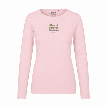 T-shirt rose pâle avec visuel Liberté Egalité Féminité en 10x10 cm