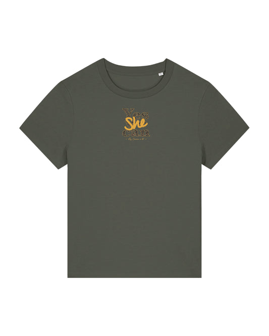 Camiseta mujer algodón orgánico "Yes she can" estampado leopardo