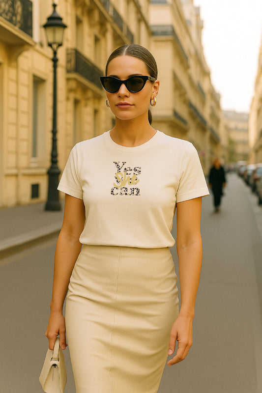 T-shirt femme en coton Bio " Yes she can " léopard