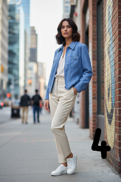 Veste bleue zippée - décor urbain