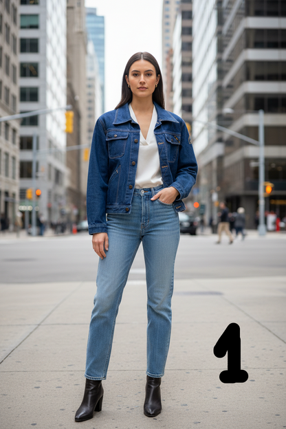 Veste denim bleu marine - décor urbain