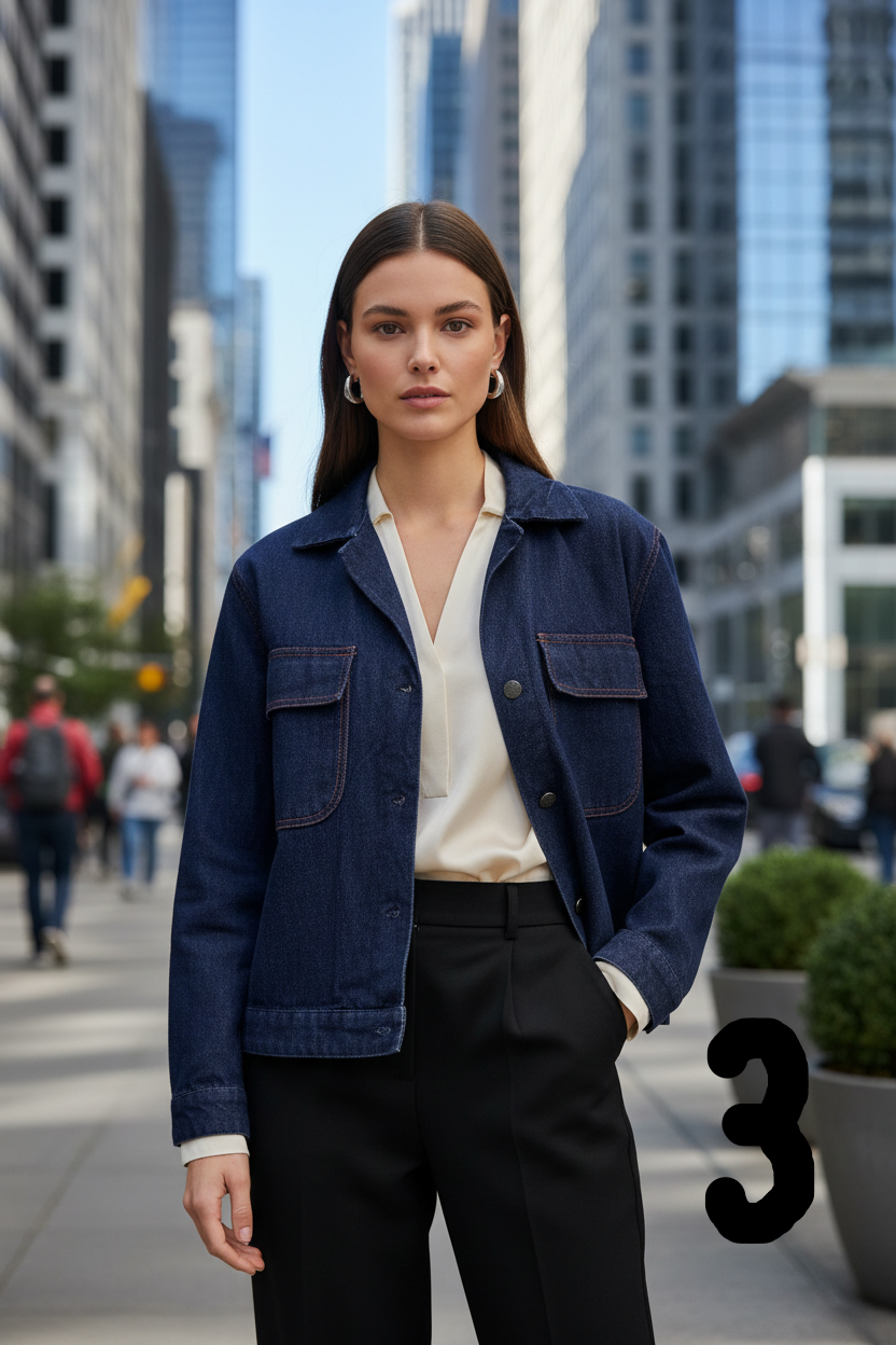 Veste denim bleu marine - décor urbain