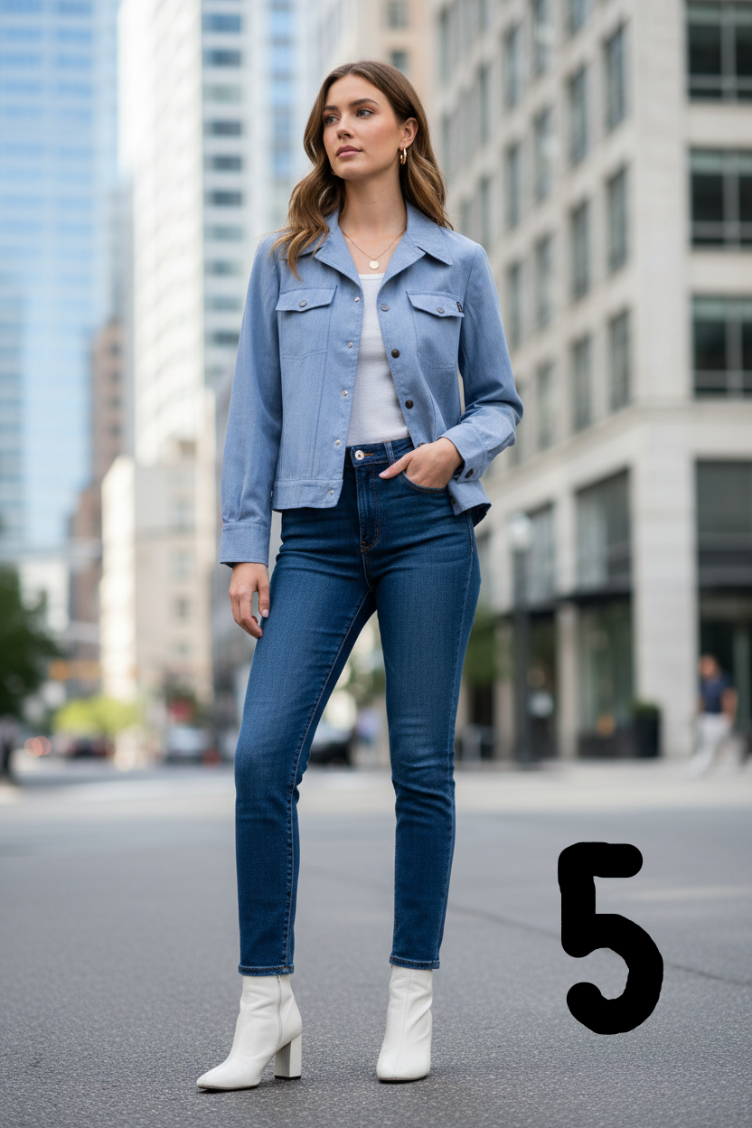 Veste gris-bleu boutonnée - décor urbain